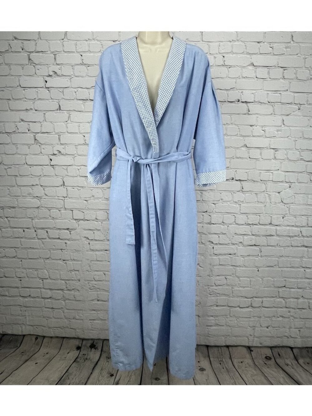VTG Barbizon Blue Check Trim Lightweight Belted Pleated Robe Size Large L